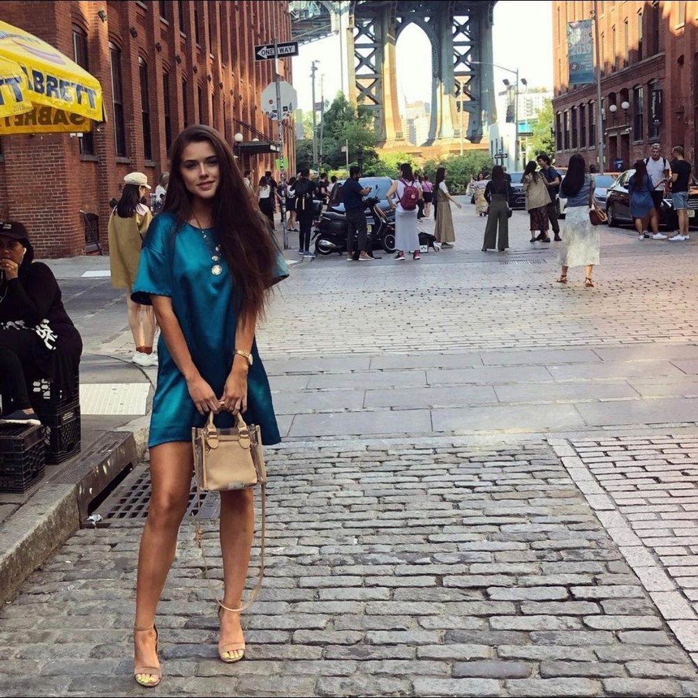 Teal satin shift dress